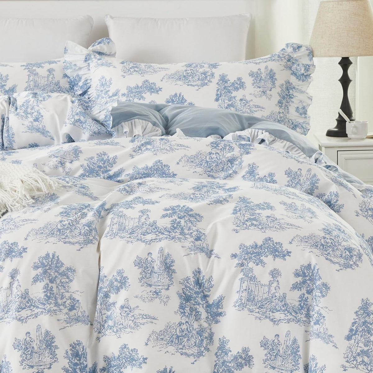 Brandream French Toile Duvet Cover Queen Size 100% Cotton Bedding Set Pastoral Toile Cottagecore Grandmillennial Tapestry Pattern Garden Floral Blossom Tree Delicate Ruffle Fringe Design, Blue