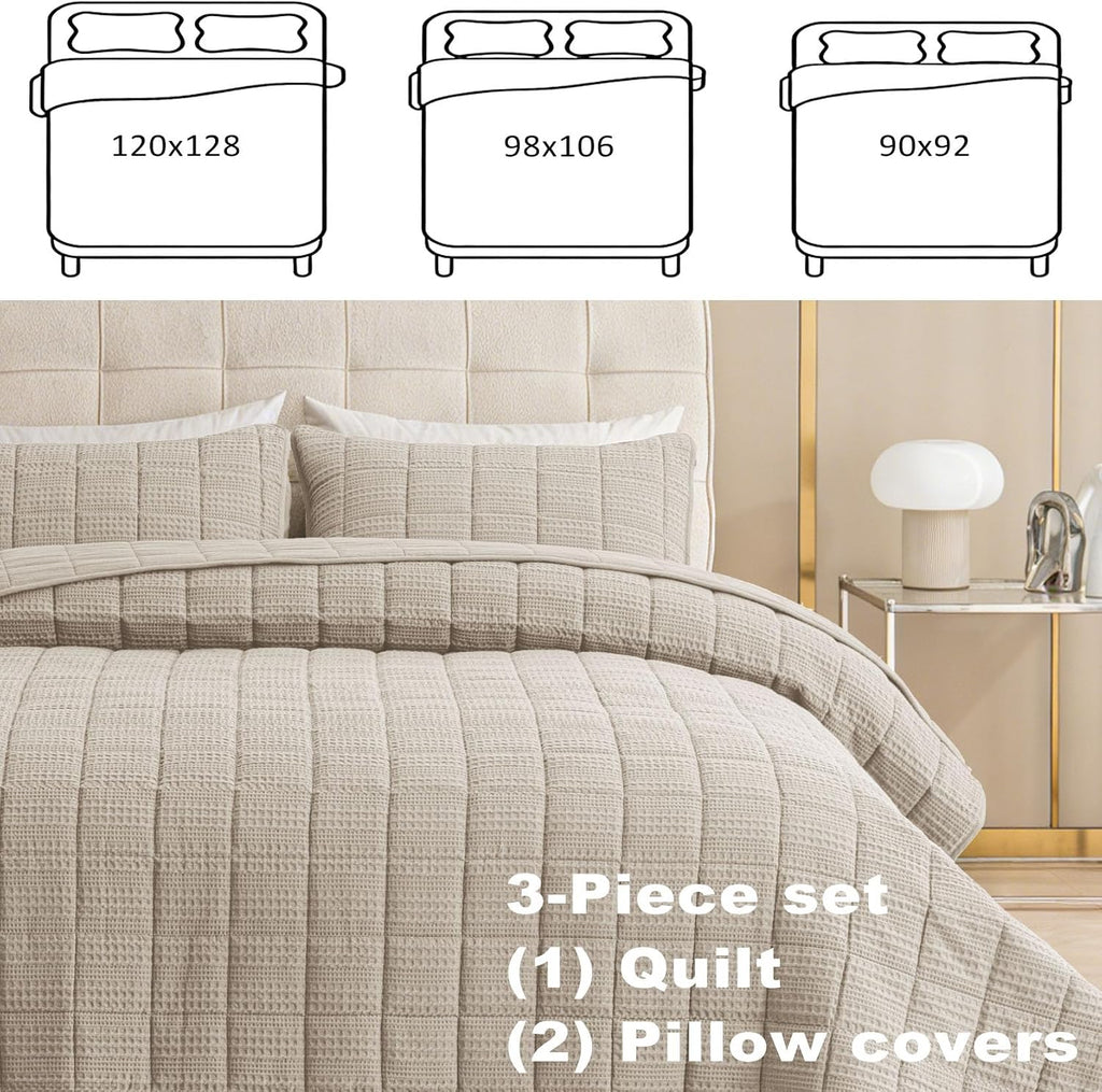 120x128 Cotton Quilt Bedding Set Oversized King Size Quilted Bedspread Sets with 2 Shams,3 Pieces Lightweight Soft Bedding Sets for All Season,Khaki