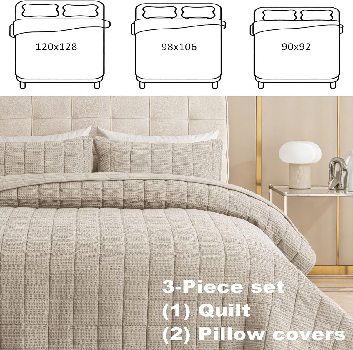 98x106 Cotton Quilt Bedding Set King Size Quilted Bedspread Sets with 2 Shams,3 Pieces Lightweight Soft Bedding Sets for All Season,Khaki