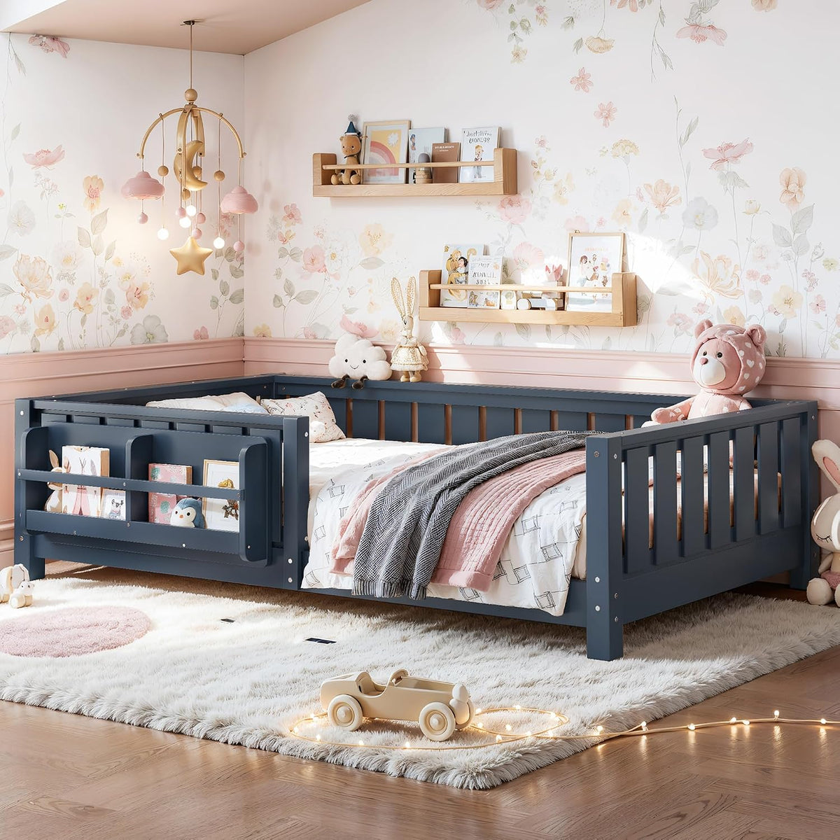 Bellemave Twin Floor Bed with Rails and Slats, Twin Size Montessori Floor Bed with Bookshelf and Fence, Easy Assemble Montessori Beds Frame for Girls, Boys, Blue