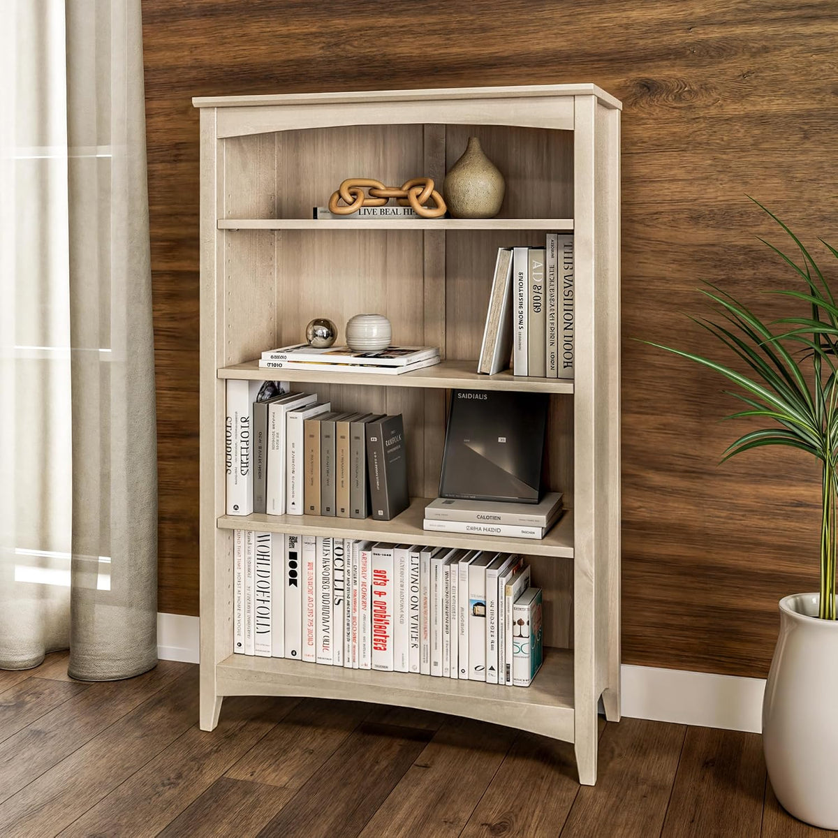 Camaflexi Shaker Style 4 Shelf Bookcase/Solid Wood / 48' High/Adjustable Shelving/Closed Back/Display Bookshelf for Living Room, Bedroom, Home and Office, Light Oak