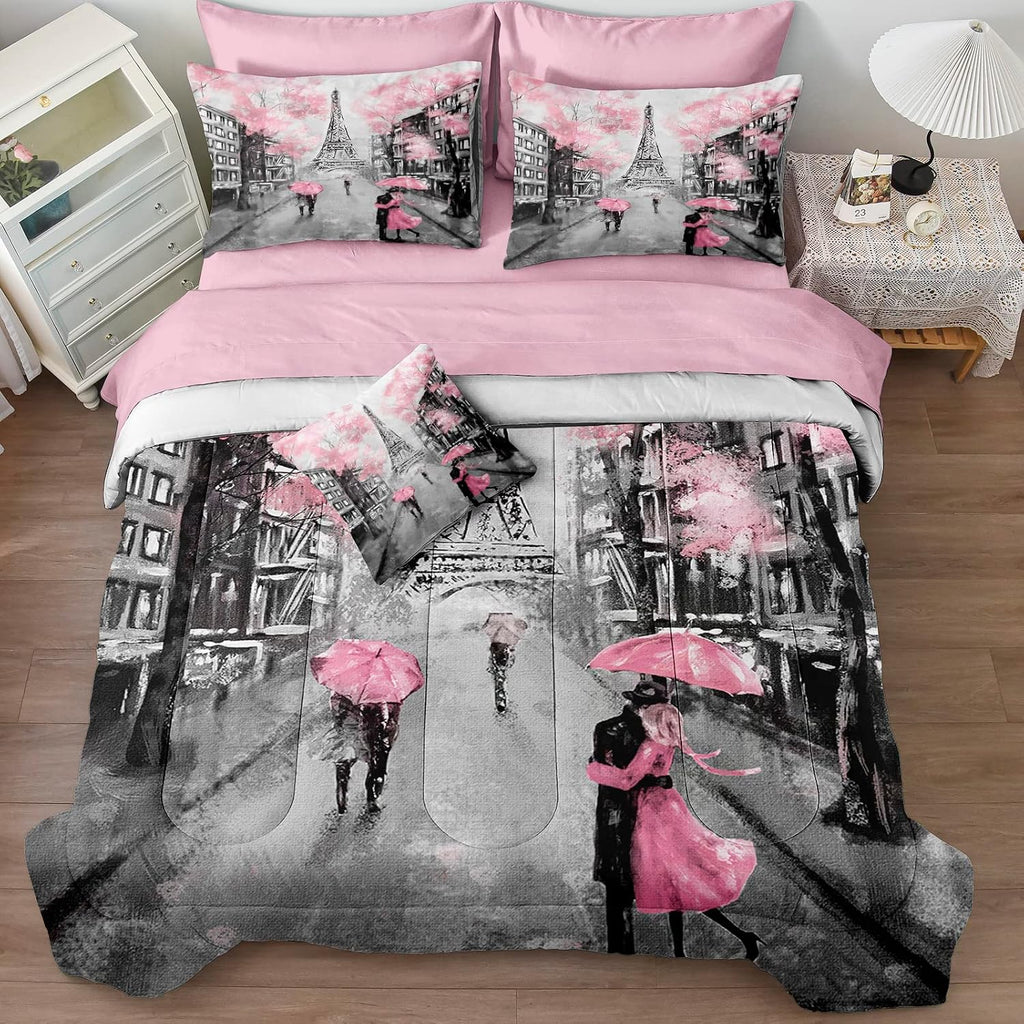 Merryword Eiffel Tower Comforter Set California King Size Bed in a Bag Sweet Couple Lovers Pink Paris Design Bedding with 1 Comforter, 4 Pillowcases, 1 Flat Sheet, 1 Fitted Sheet, 1 Cushion Cover