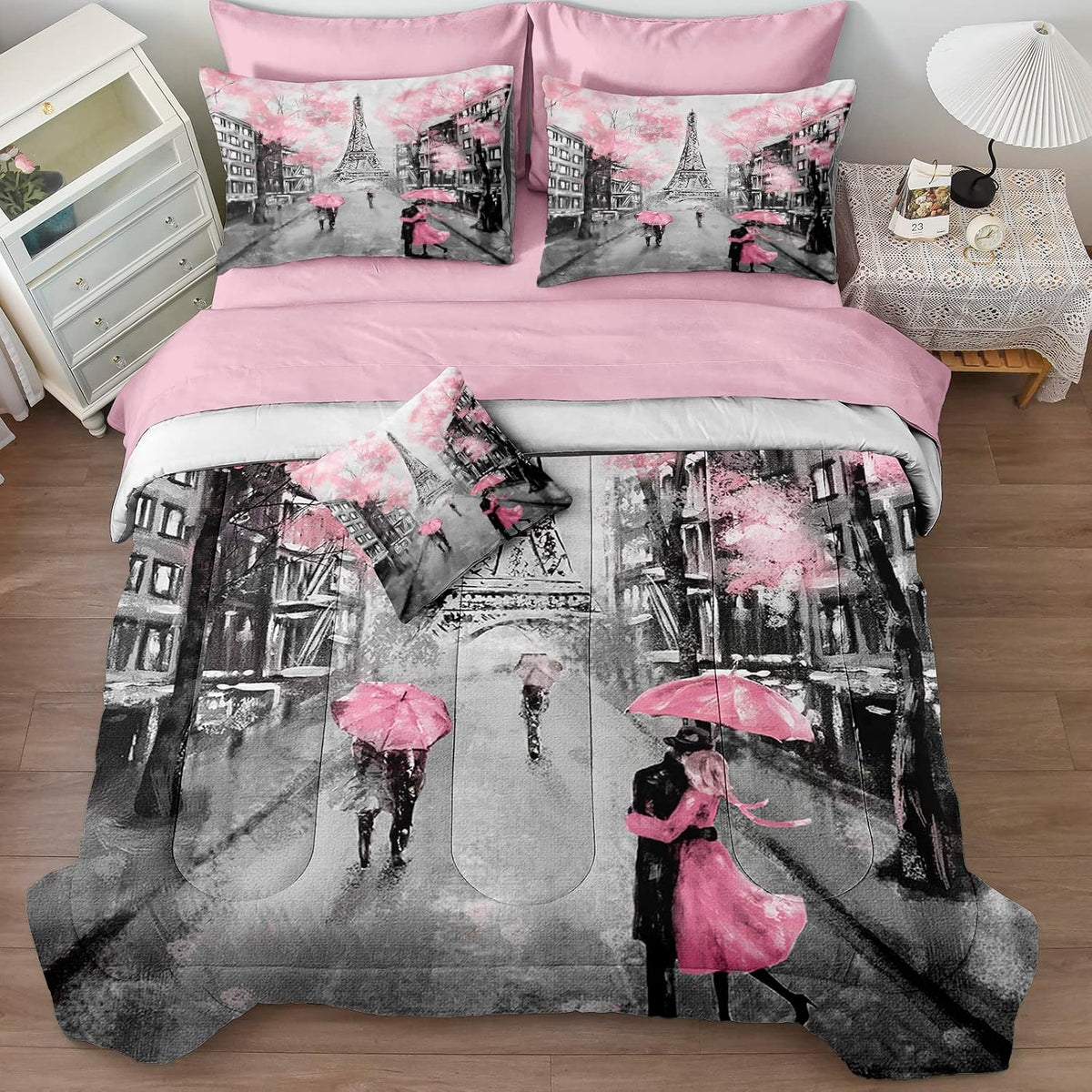 Merryword Eiffel Tower Comforter Set California King Size Bed in a Bag Sweet Couple Lovers Pink Paris Design Bedding with 1 Comforter, 4 Pillowcases, 1 Flat Sheet, 1 Fitted Sheet, 1 Cushion Cover