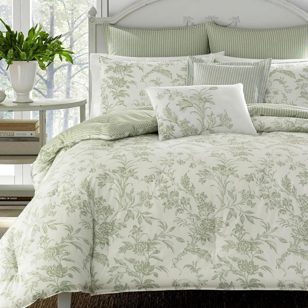 Laura Ashley - Queen Size Bonus Comforter Set, Reversible Cotton Bedding, Includes Matching Shams with Bonus Euro Shams & Throw Pillows (Natalie Green)
