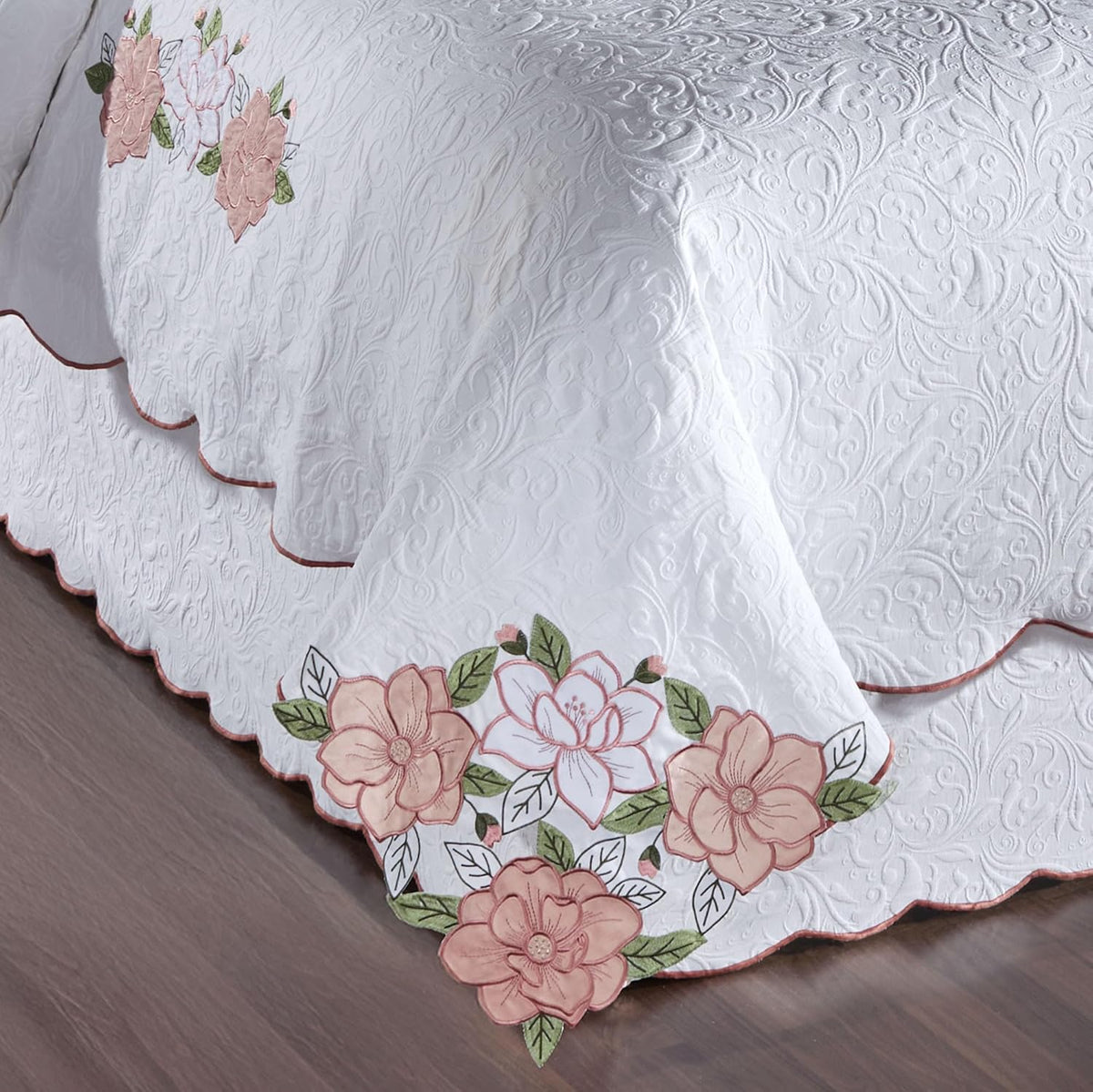 Lovington Floral Luxury Matelasse Bedding | Rose Pink and White Velvet Flower Embroidery Appliques | 4-Pc Textured Scrollwork Lightweight Bed Set with Oversized King Coverlet, Bedskirt, & 2 King Shams