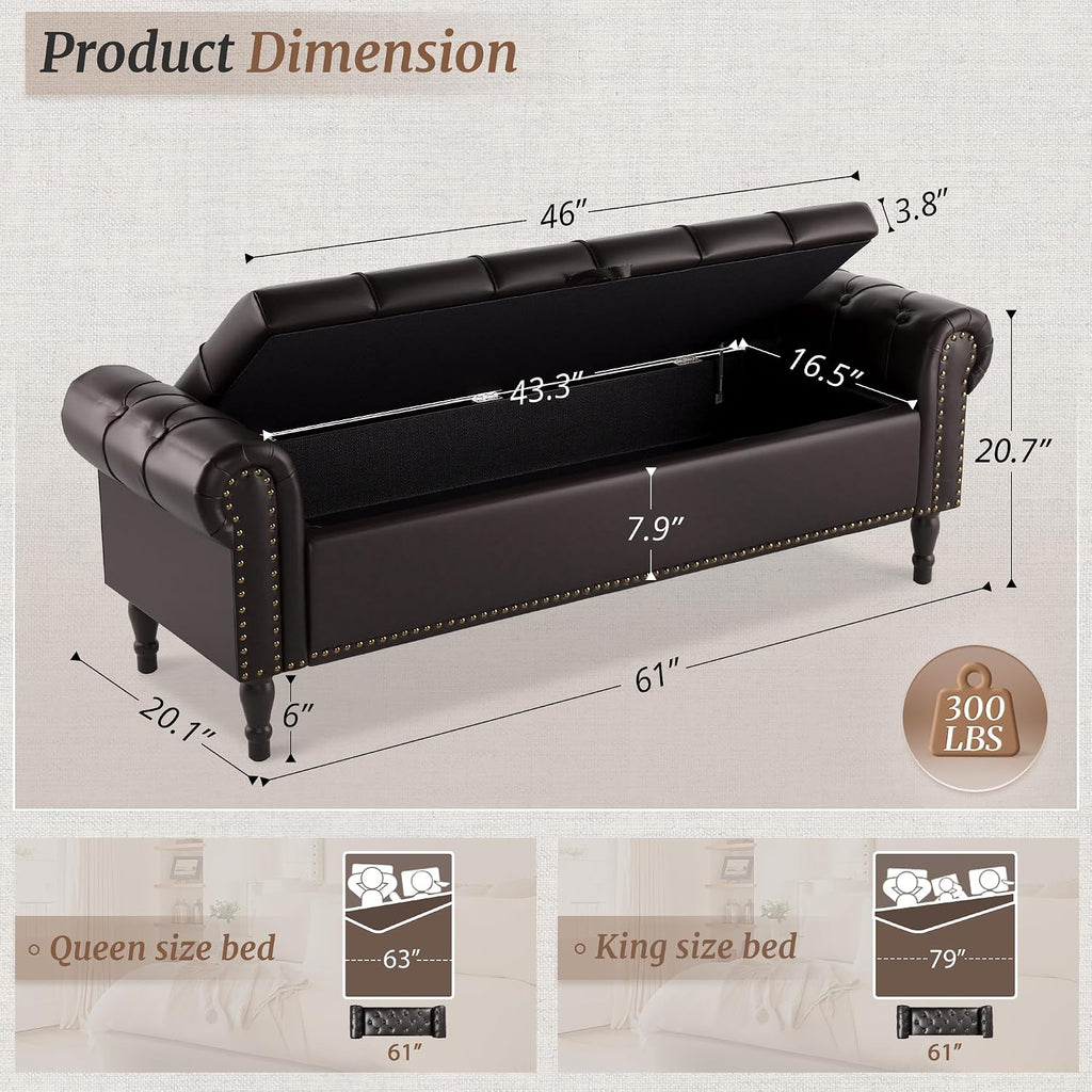 Cozyman Storage Bench Ottoman, 61' Faux Leather Rolled Arm Bedroom End of Bed Bench, Window Bench with Button Tufted and Nailhead Trim for Foot of Bed Bench, Bedroom, Entryway, King Size, Dark Brown