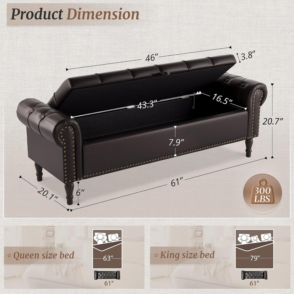 Cozyman Storage Bench Ottoman, 61' Faux Leather Rolled Arm Bedroom End of Bed Bench, Window Bench with Button Tufted and Nailhead Trim for Foot of Bed Bench, Bedroom, Entryway, King Size, Dark Brown