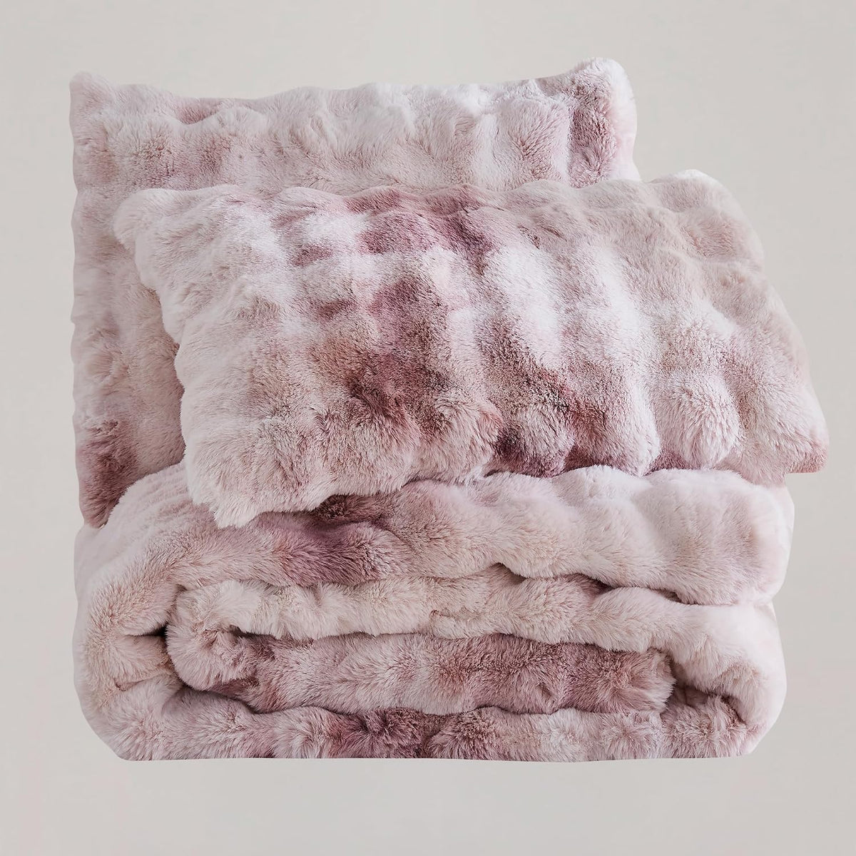 Wonderful 3 Pieces Fluffy Faux Rabbit Fur Bubble Comforter Set King Size, Tie-Dyeing Pink Purple Plush Fuzzy Bedding Set, Warm Soft Bubble Comforter Bedding Set for Winter