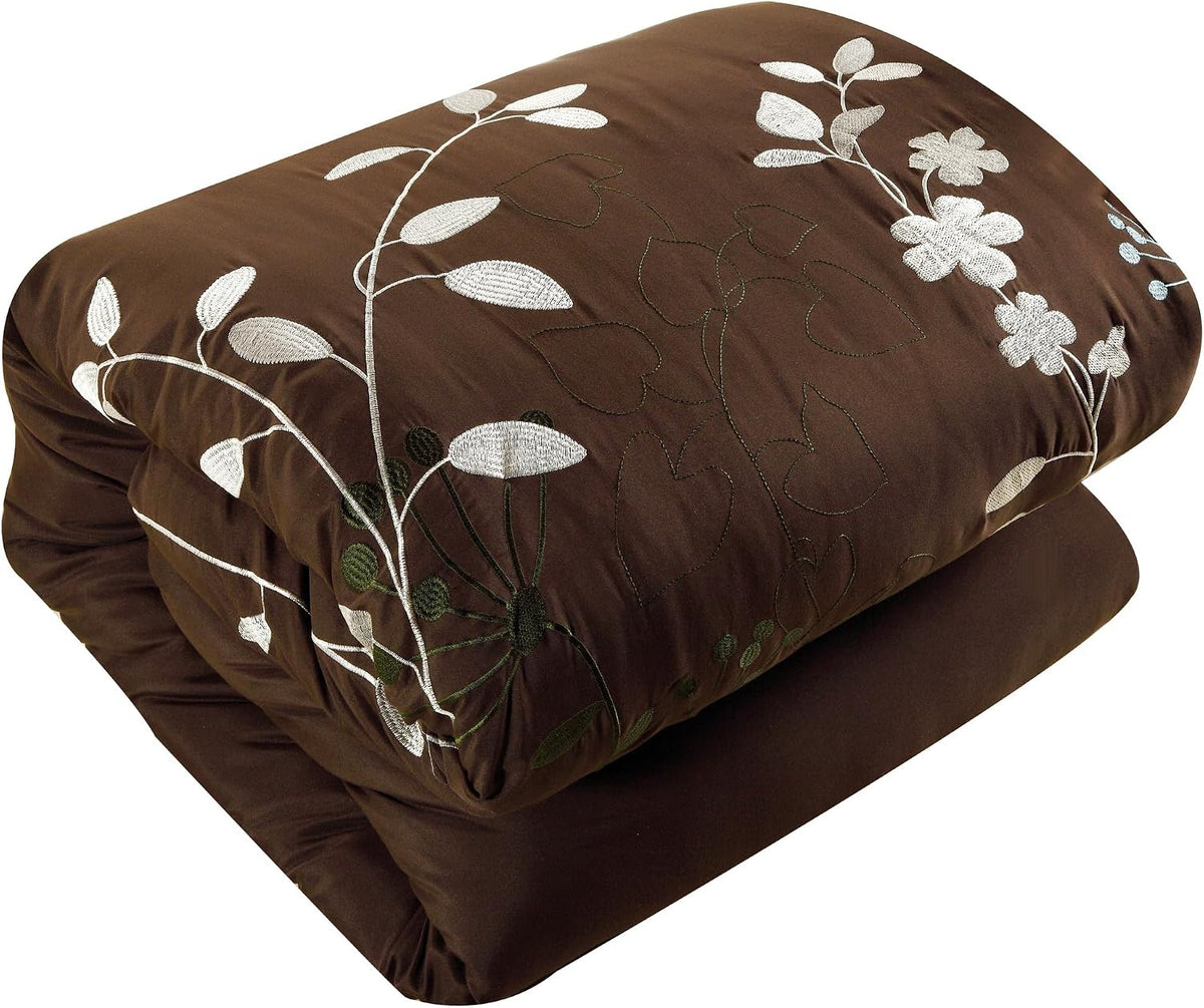 Chic Home Bliss Garden 8 Piece Embroidered Comforter Set, Queen, Brown