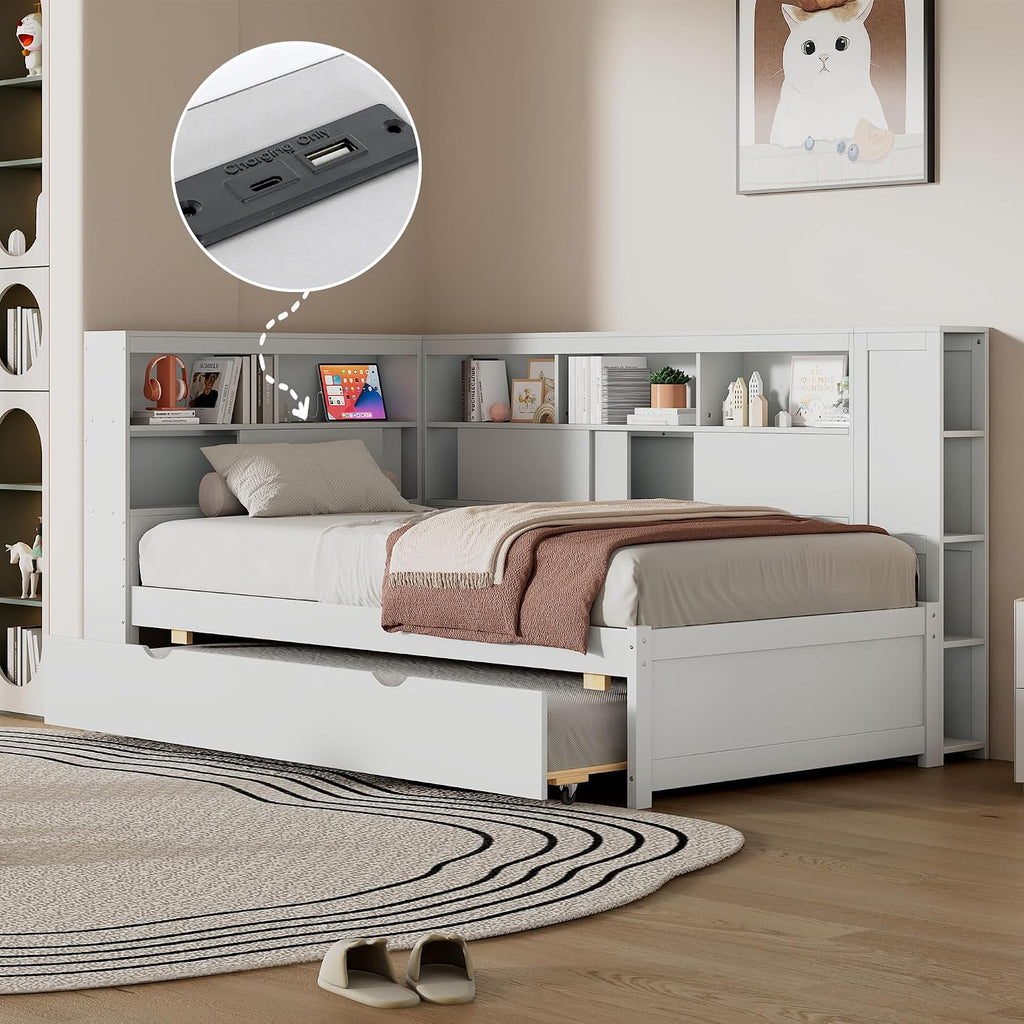 Merax Twin Corner Bed Frame, Twin Size Corner Beds with Trundle, Daybed with Storage Bookcase and Charging Station, Wood Platform Bed for Kids and Teen, White