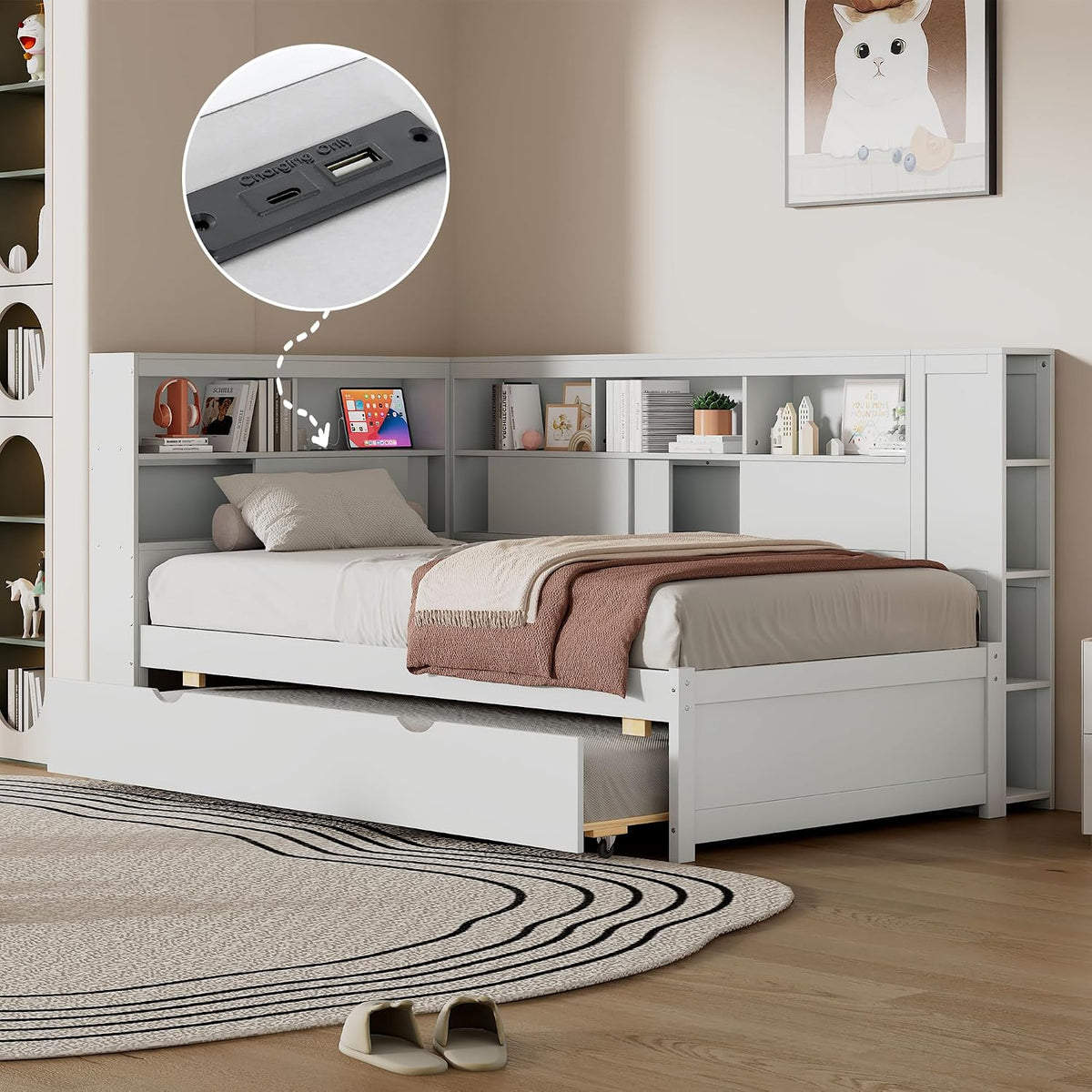 Merax Twin Corner Bed Frame, Twin Size Corner Beds with Trundle, Daybed with Storage Bookcase and Charging Station, Wood Platform Bed for Kids and Teen, White