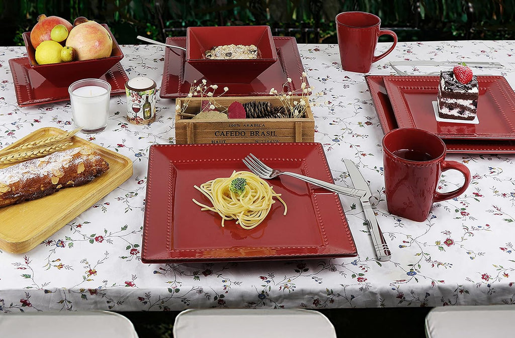 Stylish and Elegant 16 Piece Square Beaded Stoneware Dinnerware set Service for Hosting Parties and Events - Red, 16 Piece, Square Beaded