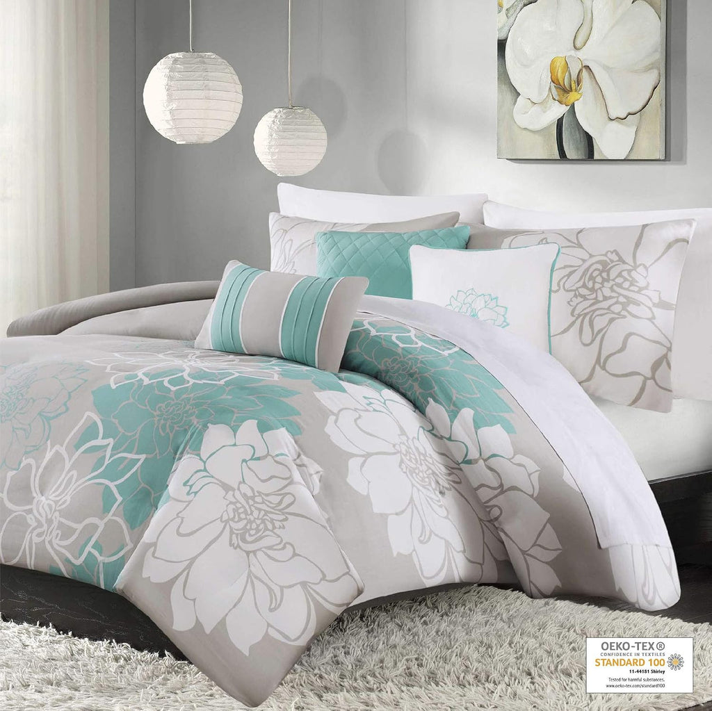 Madison Park Lola 100% Cotton Duvet Set Beautiful Floral Pattern, Ruffle Border Design All Season, Breathable Comforter Cover Bedding, Matching Shams, King(104'x92'), Aqua/Grey 6 Piece
