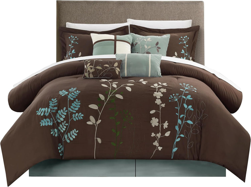Chic Home Bliss Garden 8 Piece Embroidered Comforter Set, Queen, Brown