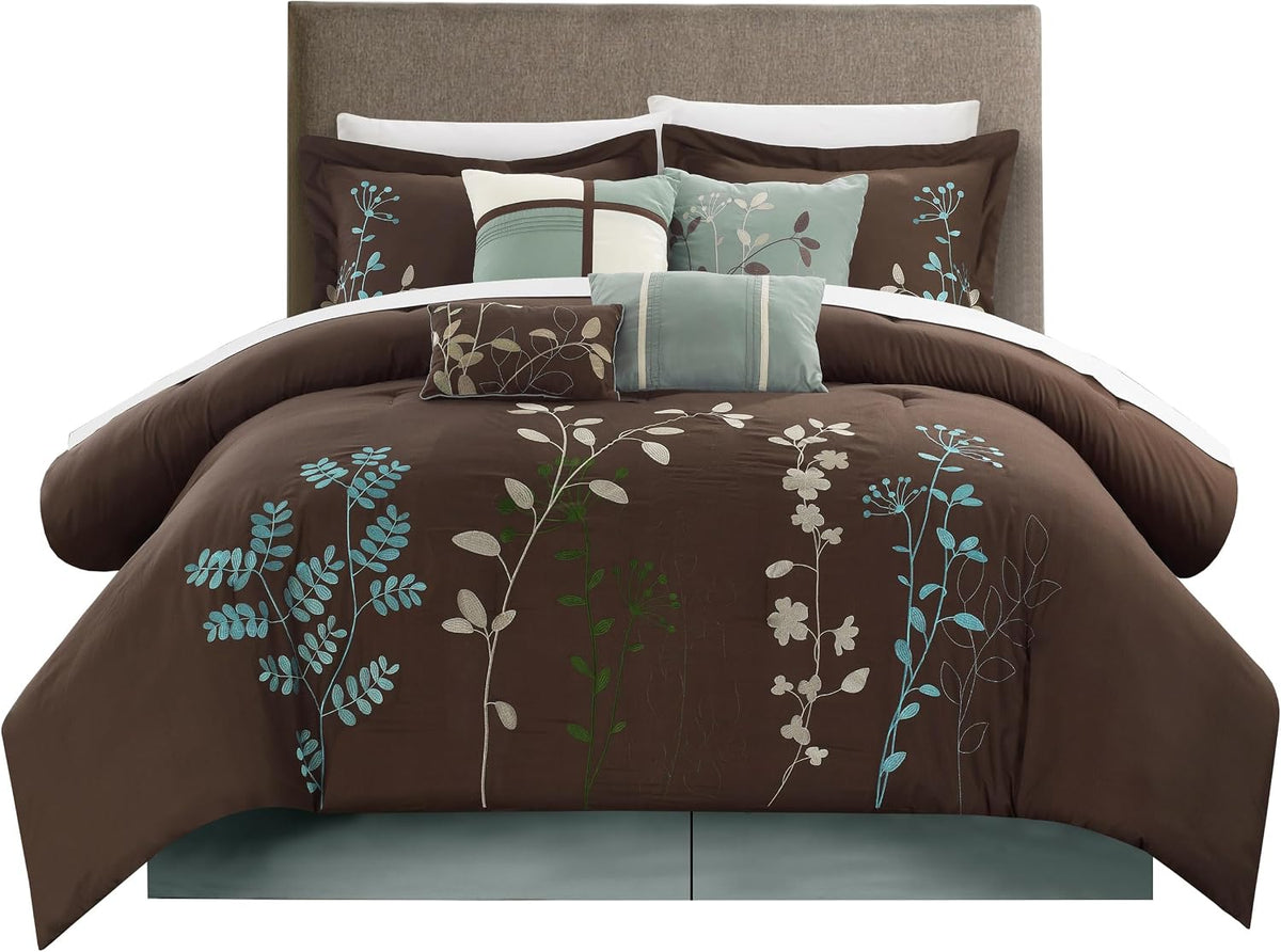 Chic Home Bliss Garden 8 Piece Embroidered Comforter Set, Queen, Brown