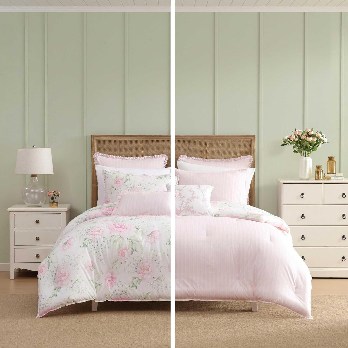 Laura Ashley - Twin Bonus Comforter Set, Reversible Bedding with a Naturally Soft Feel, 5 Piece Bed Set with Matching Pillowcases, Euro Shams, & Throw Pillow Covers (Serenity Roses/Mattie Stripe Pink)