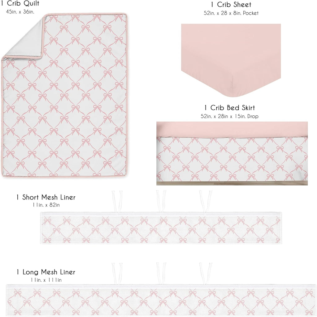 Sweet Jojo Designs 5-Piece Baby Crib Bedding Set (Pink Bows) for Girls, Infants/Nursery incl. Blanket, BreathableBaby Mesh Crib Liner, Fitted Sheet and Skirt (Elegant Bow for the Ballet Collection)