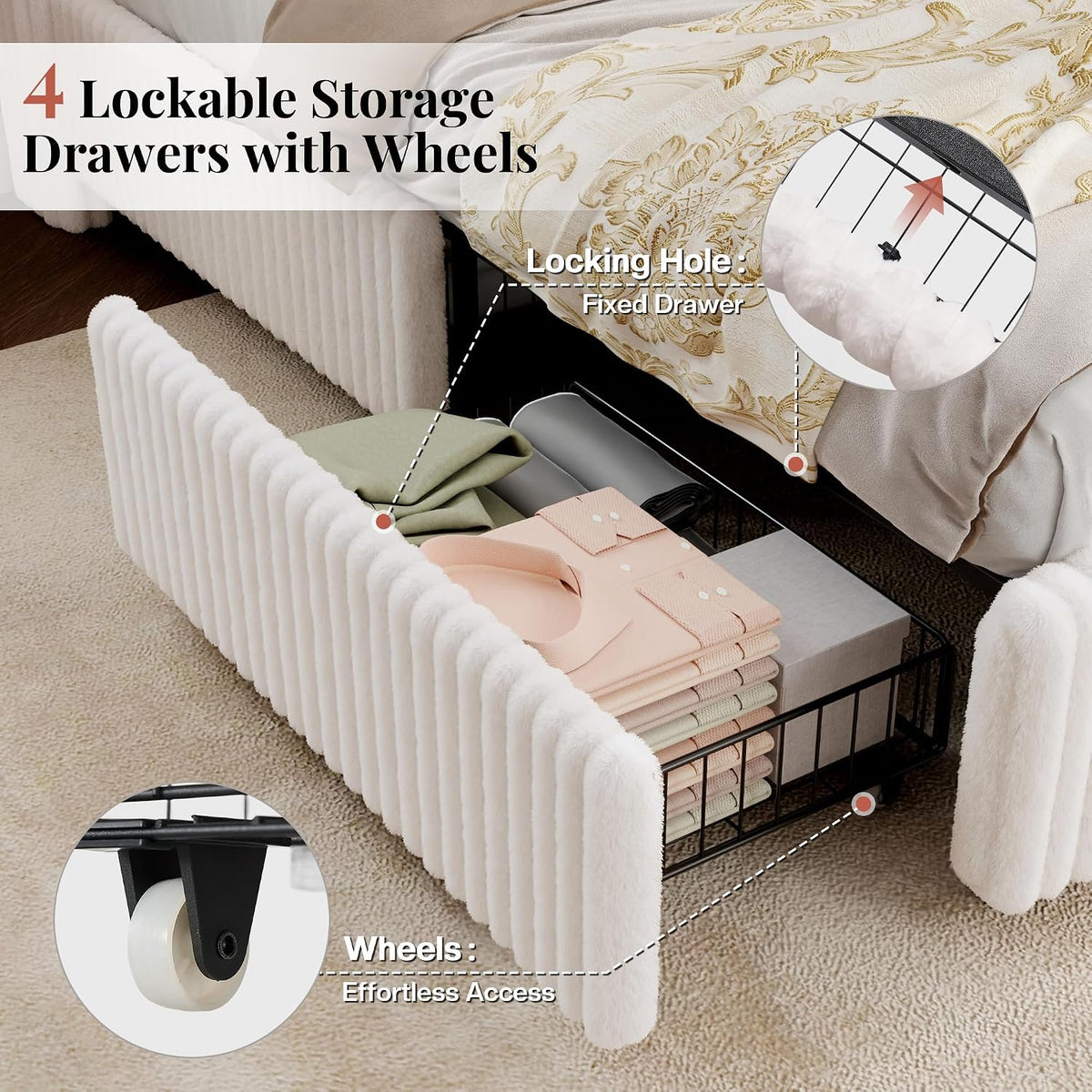 Jocisland Full Size Corduroy Upholstered Bed Frame with 4 Storage Drawers & 51.2' Tall Wingback Headboard, LED Platform Bed with Charging Station, Easy Assembly, No Box Spring Needed, White