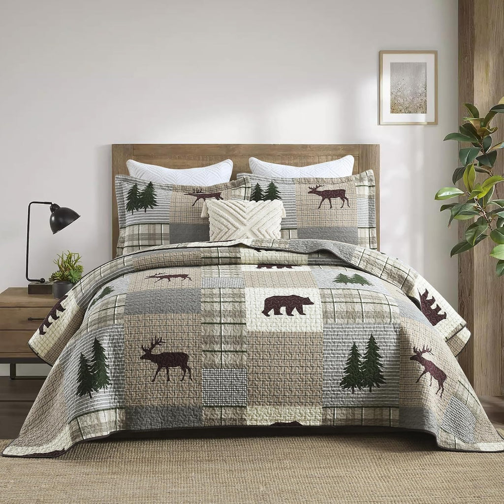 Uniclinens Quilt Set King Size, 100% Cotton Quilted Quilt Bedding Set Bedspread, Bear Tree Elk Farmhouse Rustic Quilt, Patchwork Plaid Comforter Set, 3 Pieces Set with 2 Pillowshams, Brown/Grey/Green