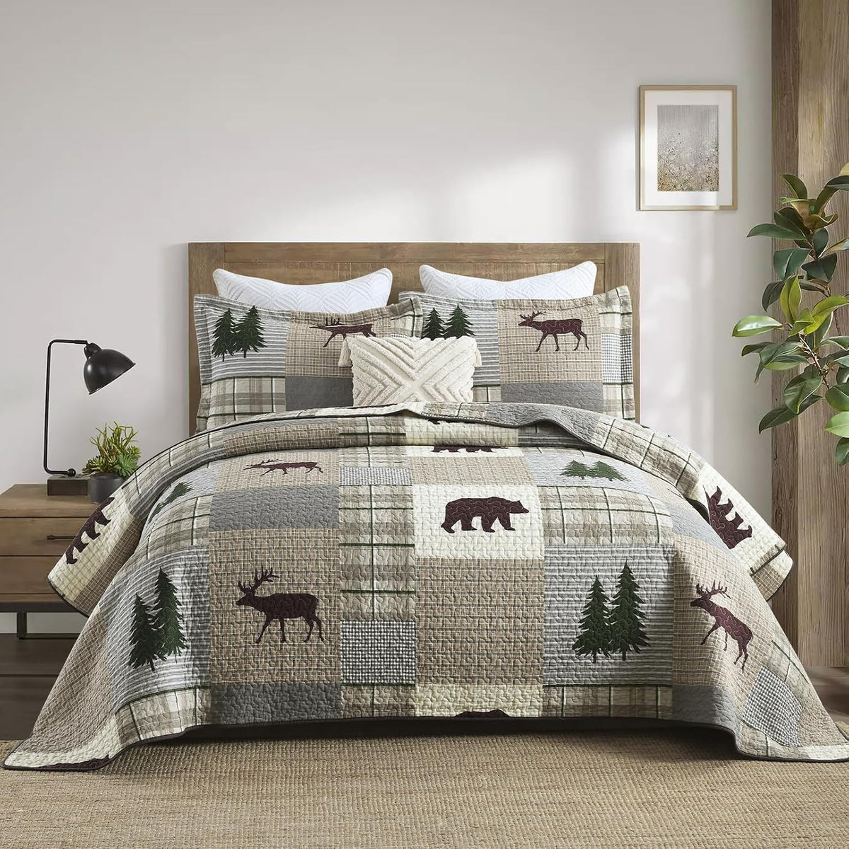 Uniclinens Quilt Set King Size, 100% Cotton Quilted Quilt Bedding Set Bedspread, Bear Tree Elk Farmhouse Rustic Quilt, Patchwork Plaid Comforter Set, 3 Pieces Set with 2 Pillowshams, Brown/Grey/Green