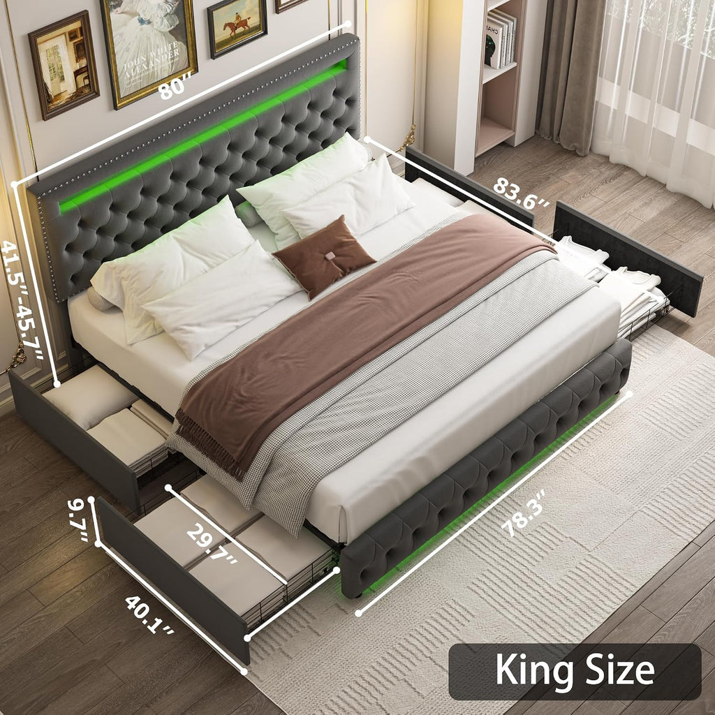 King LED Bed Frame with 4 Drawers, Platform Bed with Headboard, Adjustable Upholstered Diamond Headboard and Frame, No Box Spring Needed, Wooden Slats Support,Velvet Gray