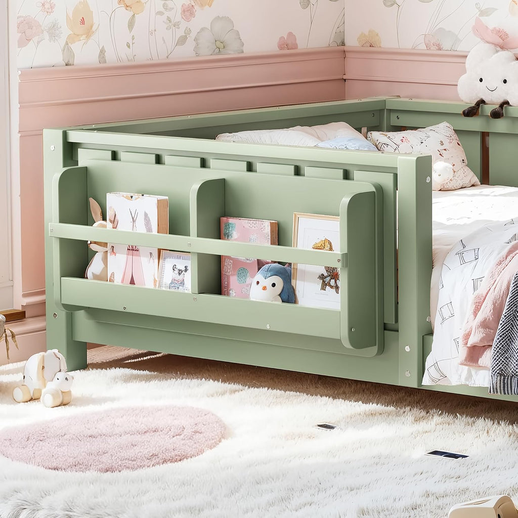 Bellemave Twin Floor Bed with Rails and Slats, Twin Size Montessori Floor Bed with Bookshelf and Fence, Easy Assemble Montessori Beds Frame for Girls, Boys, Avocado Green