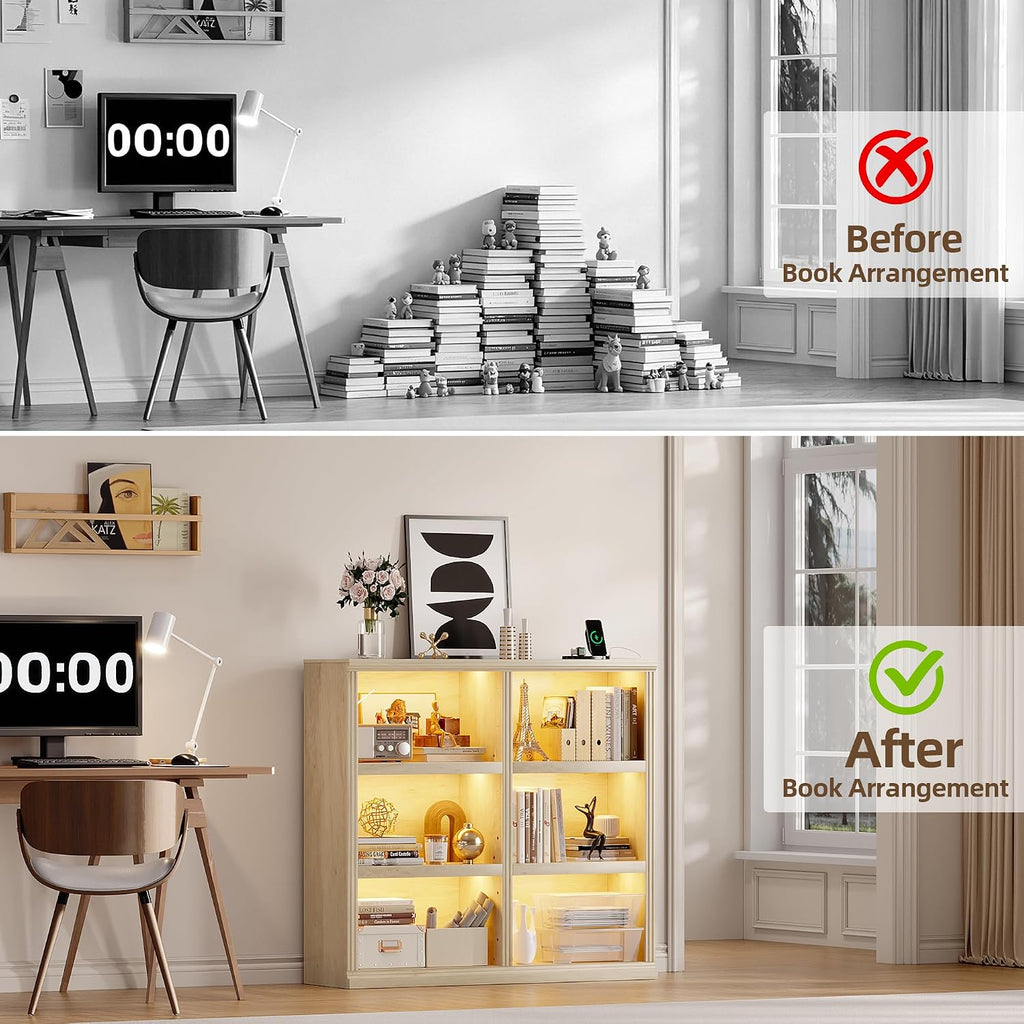 6-Cube LED Bookshelf with Motion Sensor Lights - USB Type-C Charging Module - Modern Cube Organizer Display Shelf 47.24 W x 43.31 H for Bedroom Living Room Apartment Home Office - Natural Wood