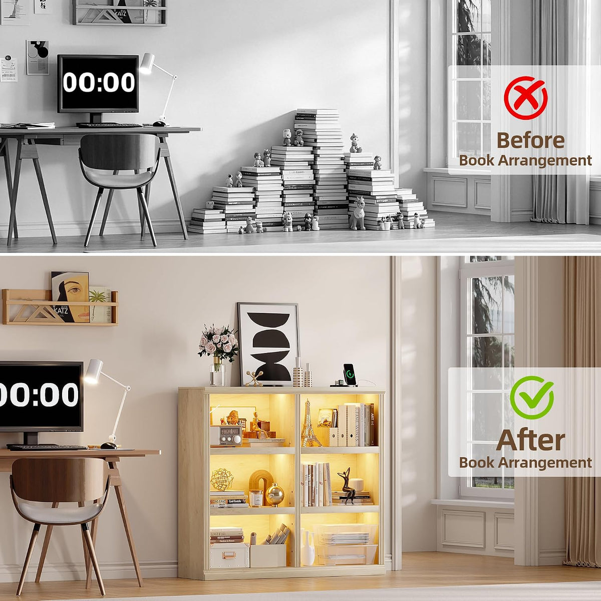 6-Cube LED Bookshelf with Motion Sensor Lights - USB Type-C Charging Module - Modern Cube Organizer Display Shelf 47.24 W x 43.31 H for Bedroom Living Room Apartment Home Office - Natural Wood
