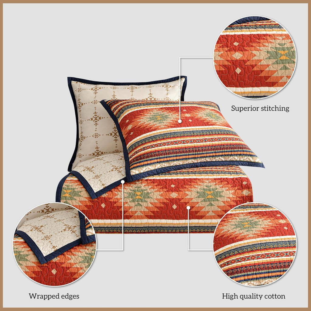 Paseo Road Del Sol Queen Quilt Set, 3 Piece Rustic Western Bedding Set with Pillow Sham, Lightweight Reversible Cotton Quilt with Southwestern Aztec Pattern, Soft Breathable Cozy Boho Bedding