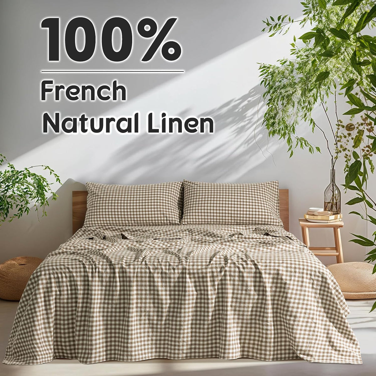 SONORO KATE 100% French Pure Linen Sheets, Breathable and Durable Linen King Size Sheets, Anti-Tear Linen Bed Sheets, Machine Washable, 16 Inch Deep Pocket - 4 Piece (Brown & White Plaid)