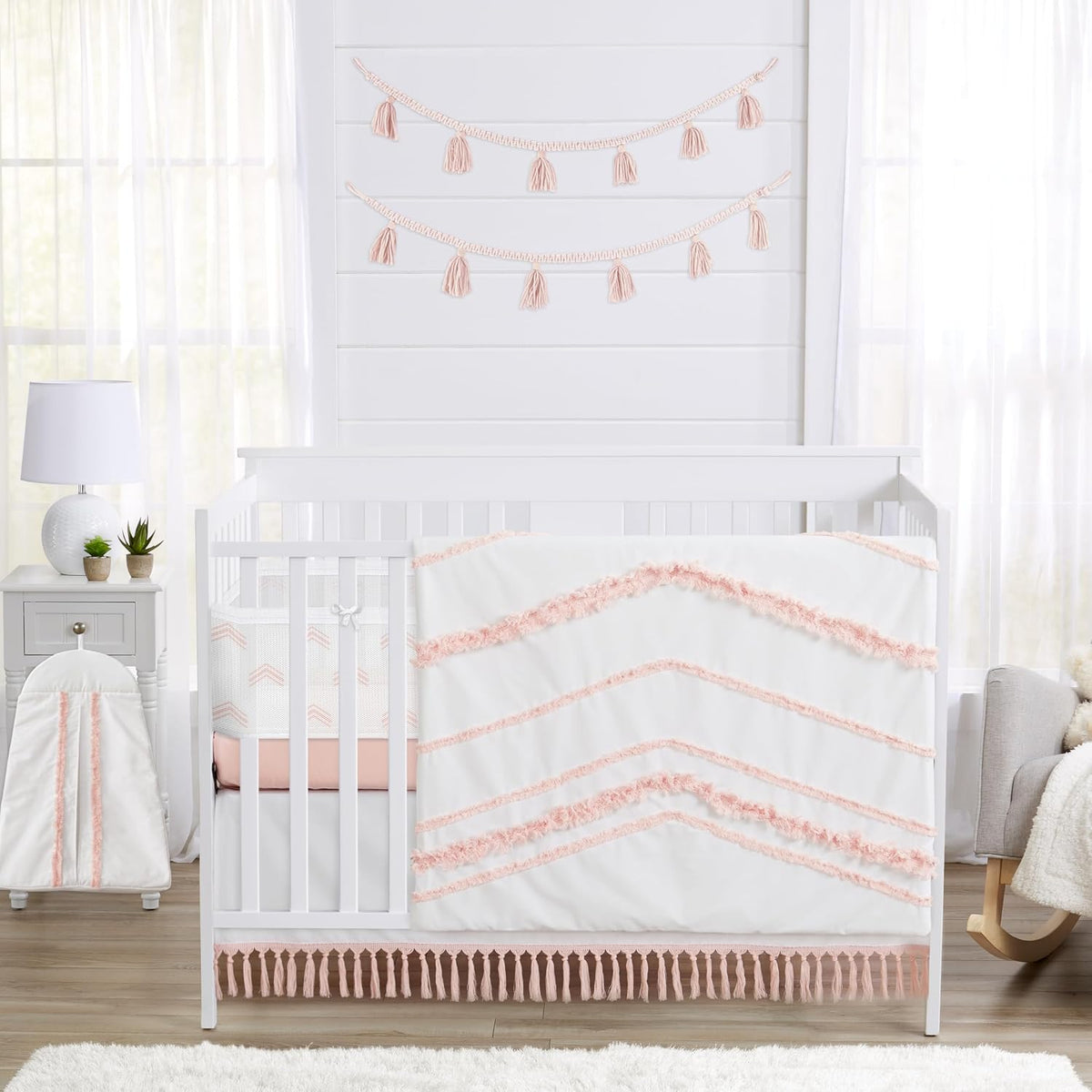 Sweet Jojo Designs Boho Bohemian Girl Baby Crib Bedding Set Infant Nursery Room BreathableBaby Breathable Mesh Crib Liner 6p Blush Pink White Farmhouse Shabby Chic Designer Modern Geometric Arrow Tuft