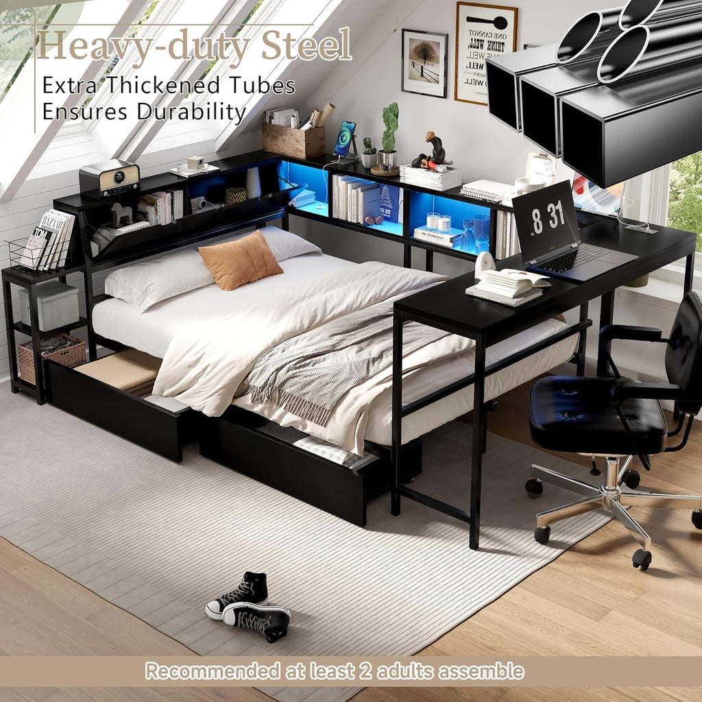 Full Corner Bed Frame with Desk, LED Lights & Charging Ports, L-Shaped Daybed with Storage Drawers, Bookcase & Open Shelves, Modern Full Size Daybed for Kids, Teens & Compact Bedrooms,Black