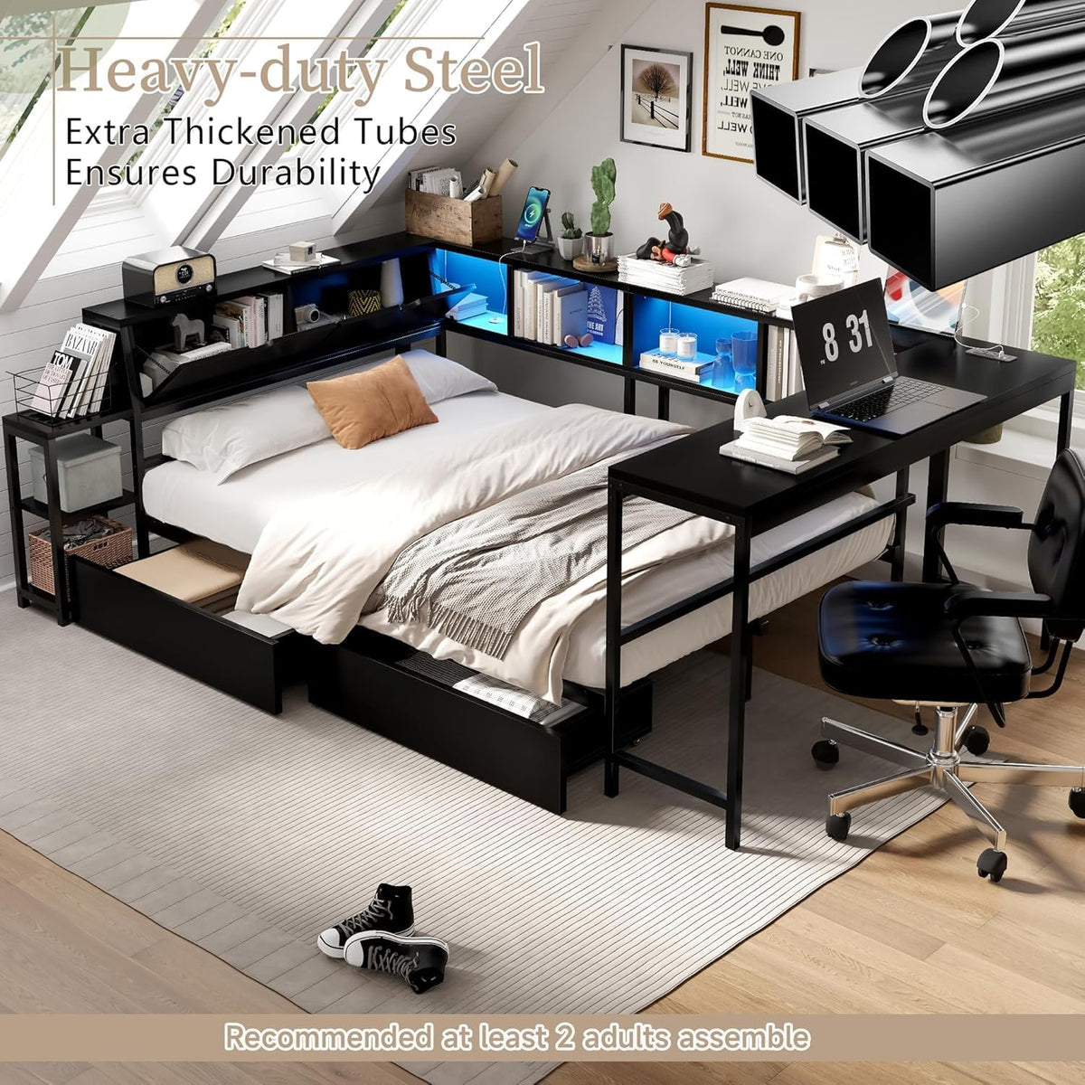 Full Corner Bed Frame with Desk, LED Lights & Charging Ports, L-Shaped Daybed with Storage Drawers, Bookcase & Open Shelves, Modern Full Size Daybed for Kids, Teens & Compact Bedrooms,Black