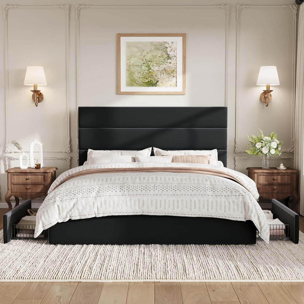 SHA CERLIN Full Size Platform Bed Frame with 4 Storage Drawers, Velvet Upholstered Headboard, Mattress Foundation with Wooden Slats Support, No Box Spring Needed, Easy Assembly, Black