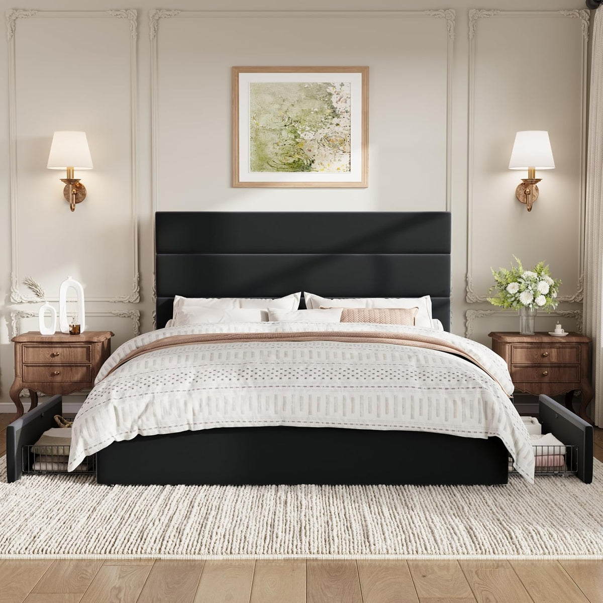 SHA CERLIN Full Size Platform Bed Frame with 4 Storage Drawers, Velvet Upholstered Headboard, Mattress Foundation with Wooden Slats Support, No Box Spring Needed, Easy Assembly, Black