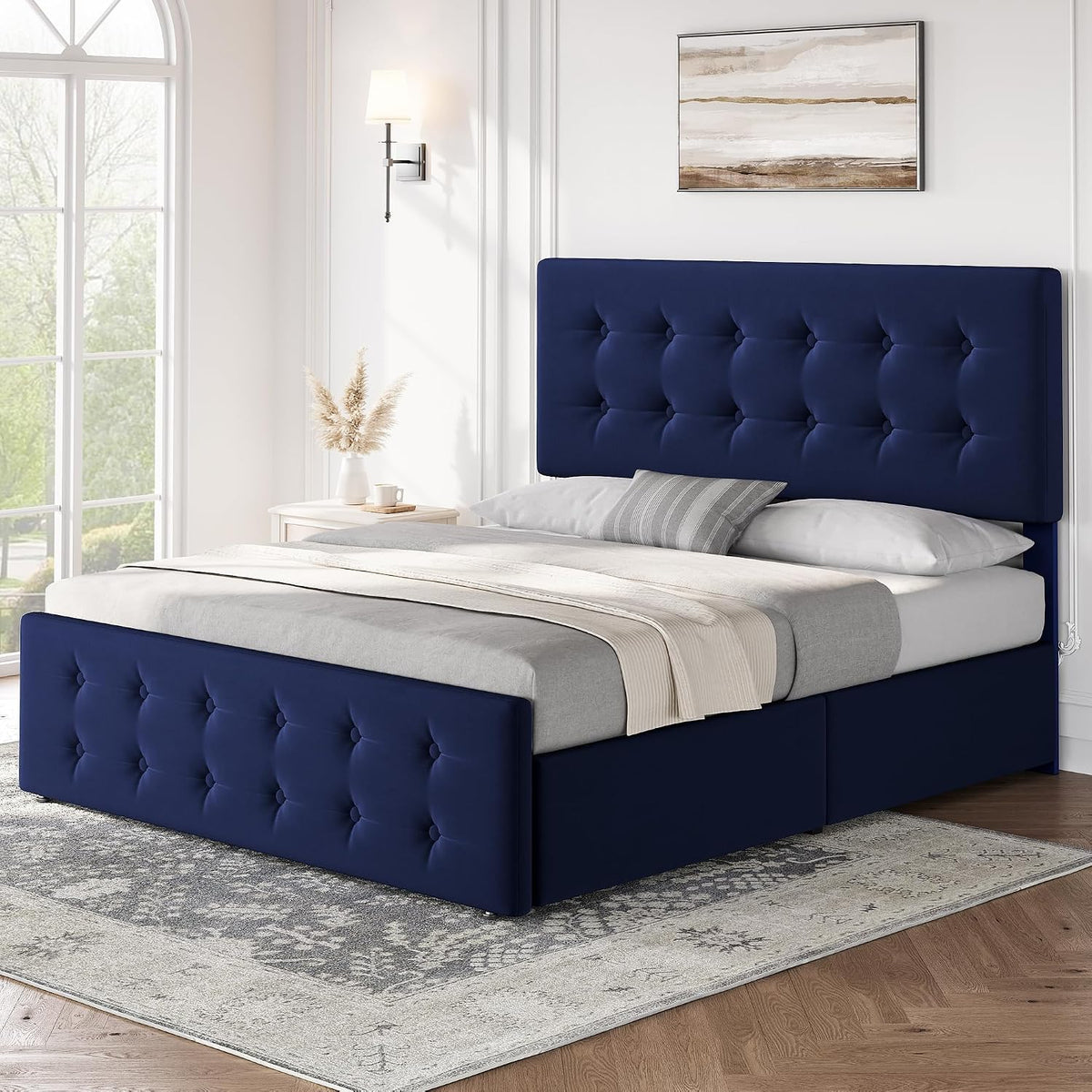 GarveeHome Queen Size Bed Frame with 4 Storage Drawers and Velvet Upholstered Headboard, Wooden Slats Support, Button Tufted Design, No Box Spring Needed, Blue