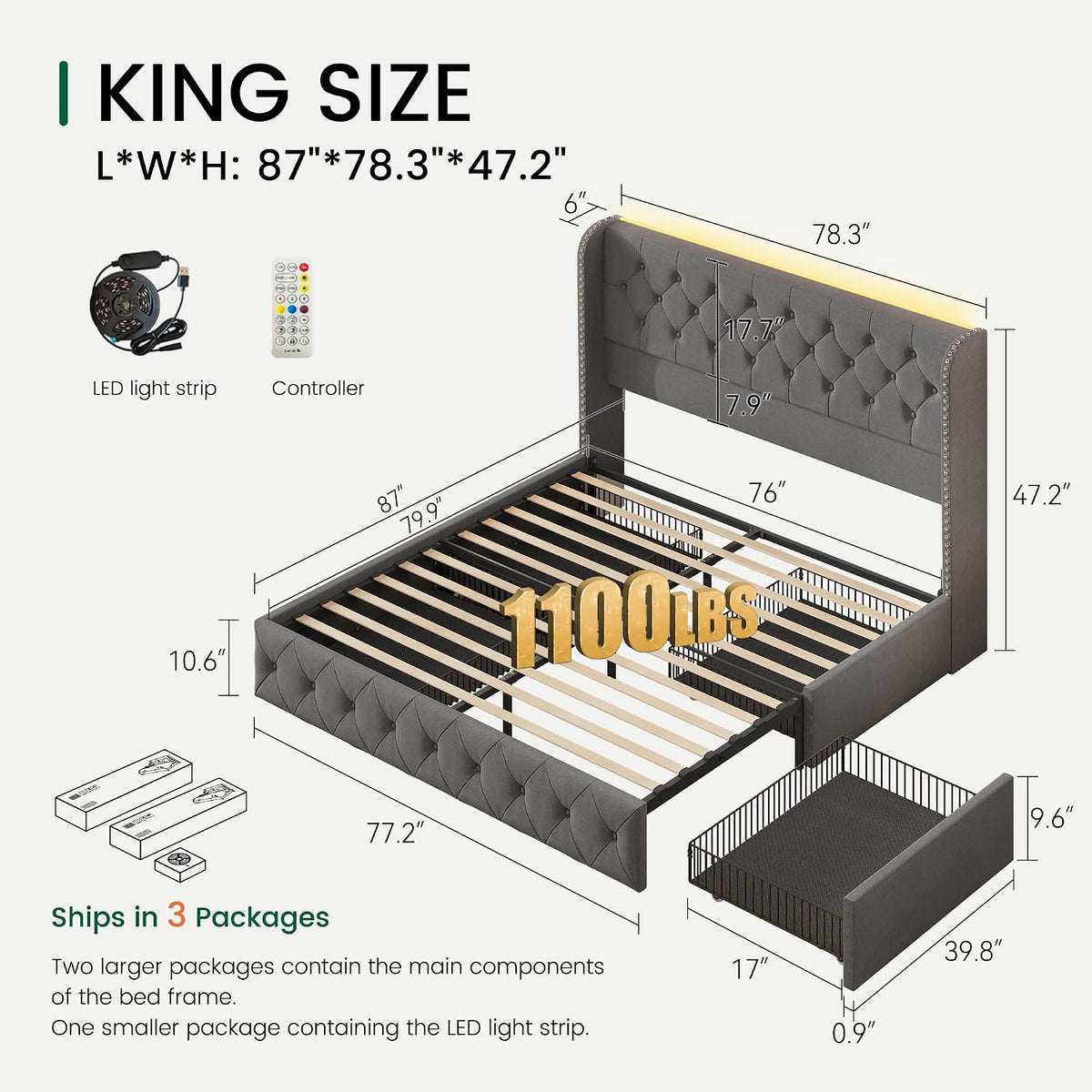 LARMACE King Size Bed Frame with LED Lights and 4 Storage Drawers Linen Upholstered Platform Bed Frame with 47.2' Tall Tufted Headboard Wingback, No Box Spring Needed, Easy to Assemble, Grey
