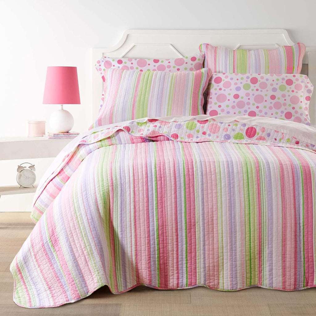 Levtex Home - Merrill Quilt Set - Full/Queen Quilt and Two Standard Shams - Striped - Pink, Green, and Purple - Quilt (86x86in.) and Shams (20x26in.) - Reversible - Cotton