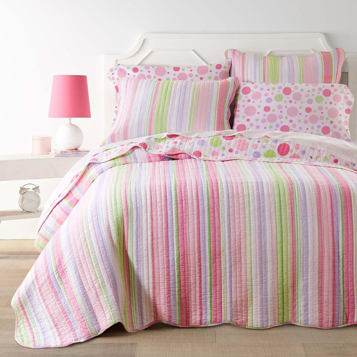 Levtex Home - Merrill Quilt Set - Full/Queen Quilt and Two Standard Shams - Striped - Pink, Green, and Purple - Quilt (86x86in.) and Shams (20x26in.) - Reversible - Cotton