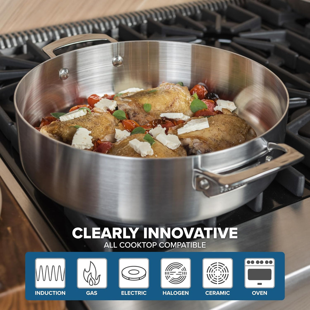 Viking 5-Ply Stainless Steel Casserole Pot with Lid, 6.4 Quart Cookware, Dishwasher and Oven Safe, Induction Ready, Satin Finish