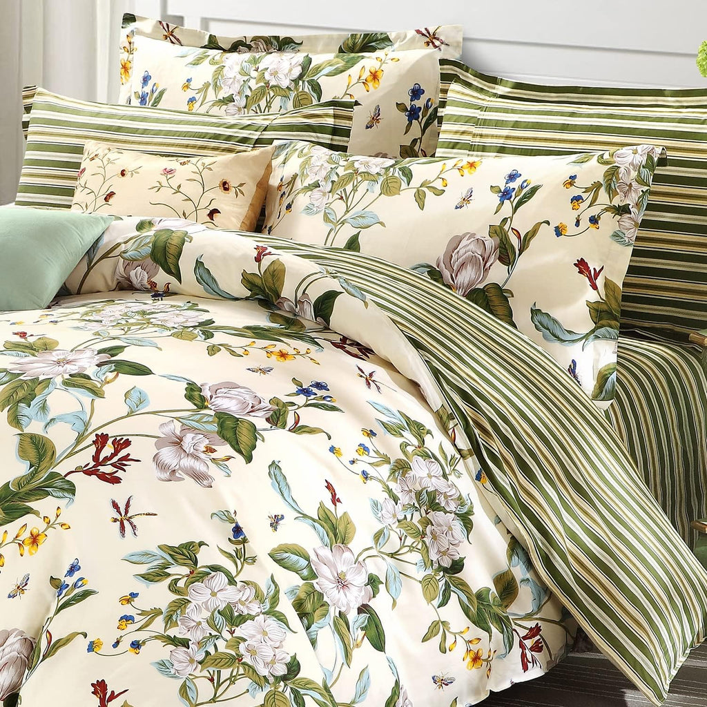 FADFAY Shabby Floral Bedding Set California King 7Pcs 100% Cotton Green Cream Flower Bed Sheets with Duvet Cover Set, Complete Bedding Bed in a Bag Vintage Countryside Soft Deep Pocket Fitted Sheets