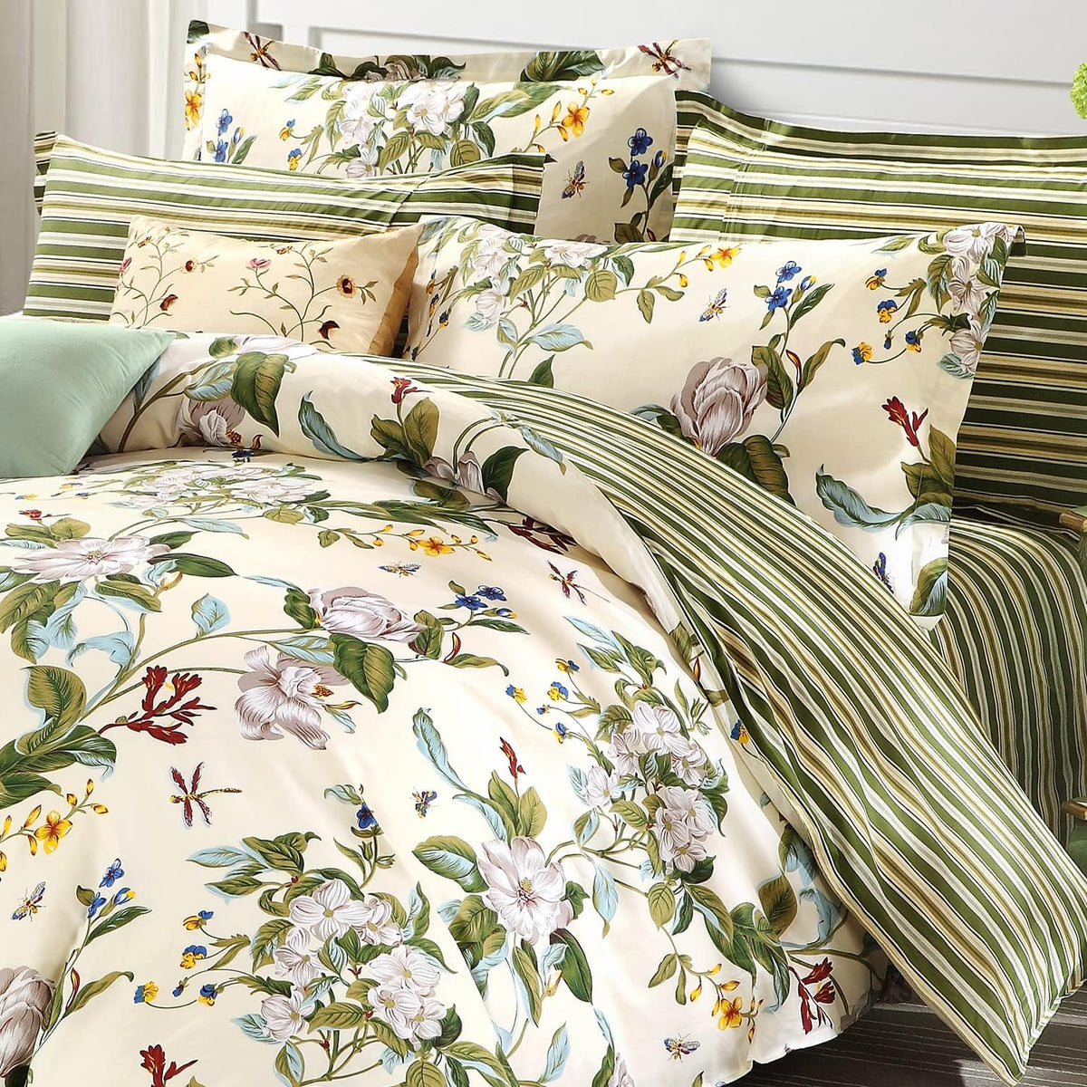 FADFAY Shabby Floral Bedding Set Queen Size 7Pcs 100% Cotton Green Cream Flower Bed Sheets with Duvet Cover Set, Complete Bedding Bed in a Bag Vintage Countryside Ultra Soft Deep Pocket Fitted Sheets