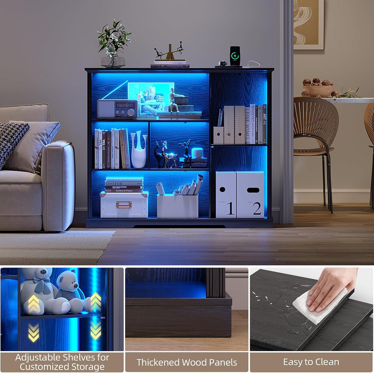 3-Tier LED Bookshelf with Lights - Motion Sensor Bookcase - USB Charging Module - Adjustable Display Shelf for Gaming Room Bedroom Living Room Home Office - 47.24 W x 40 H - Black