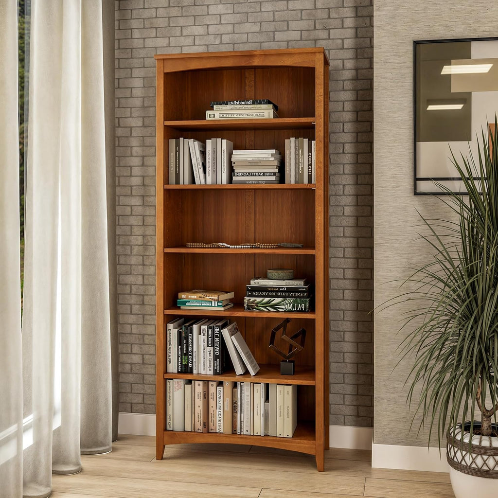 Camaflexi Shaker Style 6 Shelf Bookcase / Solid Wood / 72 inch Tall / Adjustable Shelving / Closed Back / Display Bookshelf for Living Room, Bedroom, Home and Office, Cherry