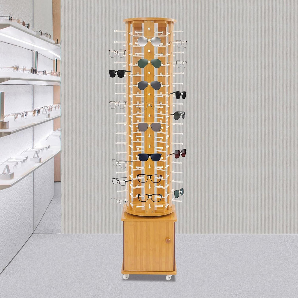 Sunglasses Storage Display Stand with Wheels Glasses Rack Organizer 5-Sided Eyewear Display Rack with Storage Cabinet for Home Retail Stores Shopping Malls, 66.14' (Light Brown)