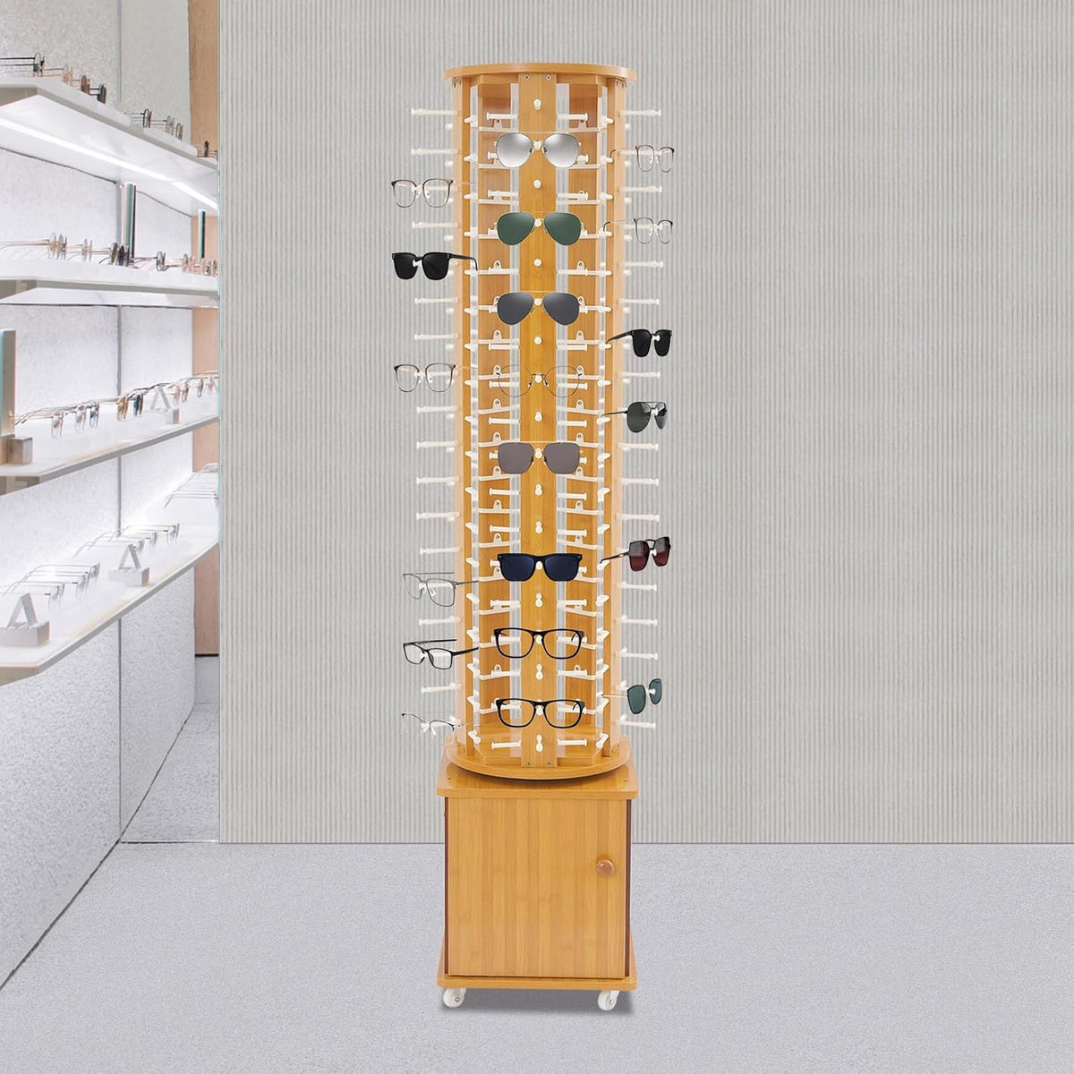 Sunglasses Storage Display Stand with Wheels Glasses Rack Organizer 5-Sided Eyewear Display Rack with Storage Cabinet for Home Retail Stores Shopping Malls, 66.14' (Light Brown)