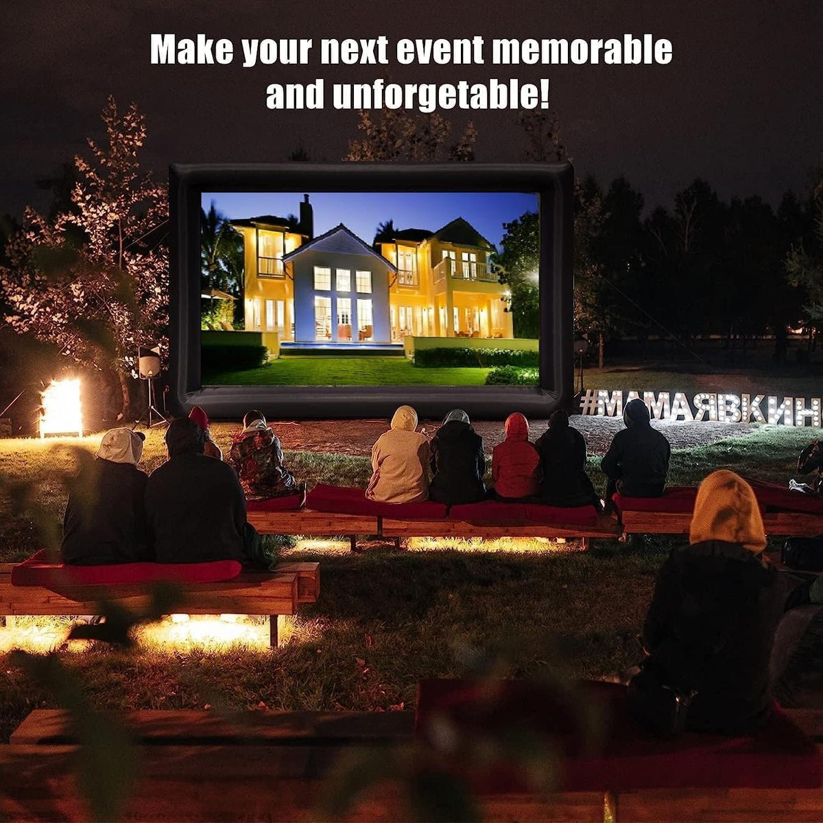 14FT/4.9m Rapid-Deployment Cinema Screen，250W Turbocharged Inflation System & Paracord 500-lb Tensile Straps，Dual-Surface 90% for Sports Events, Commercial Campgrounds, Mobile Cinemas