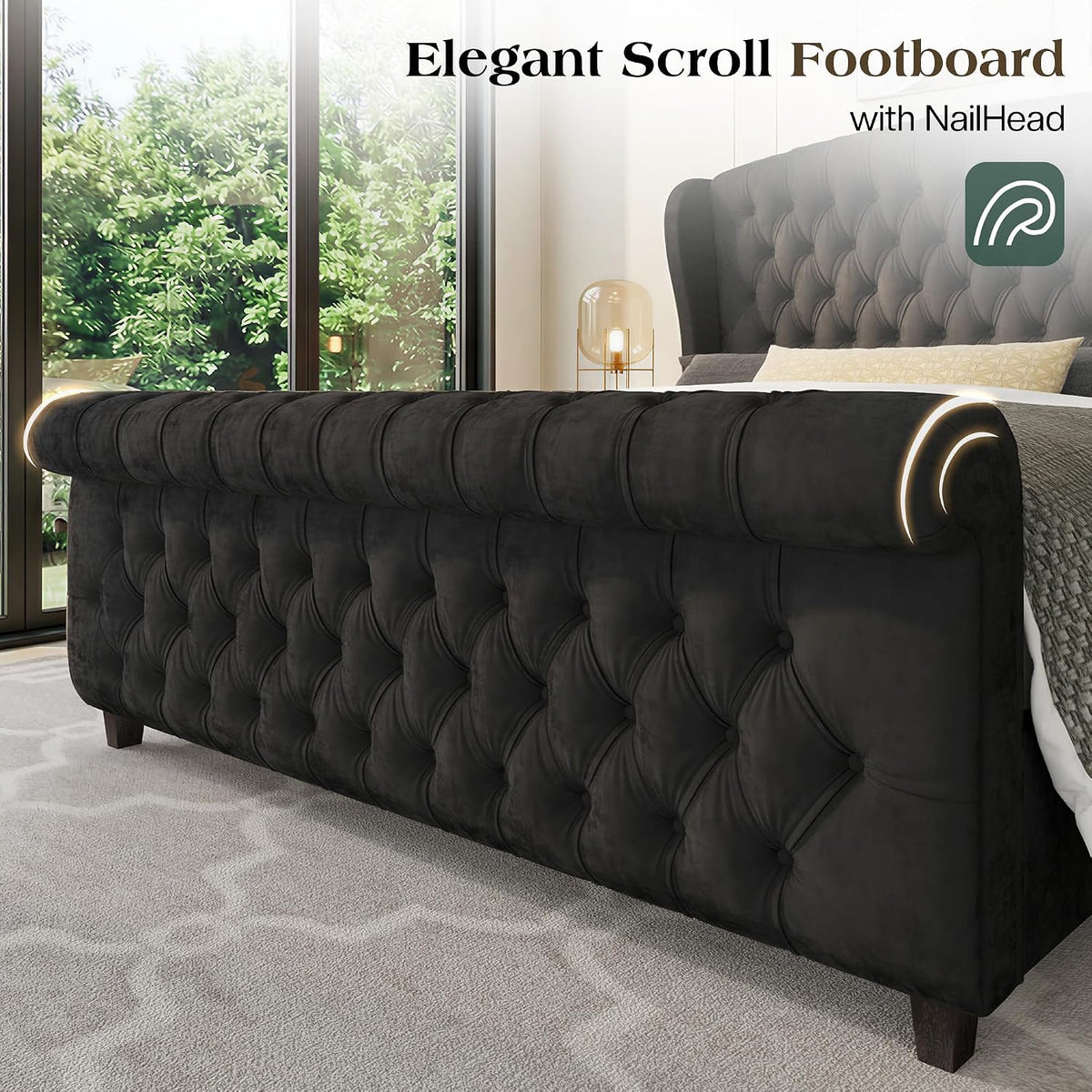 LUXOAK King Size Platform Bed Frame, Velvet Upholstered Sleigh Bed with Curved Headboard & Footboard, Deep Button Tufted, Wood Slats Support, No Box Spring Needed, Black