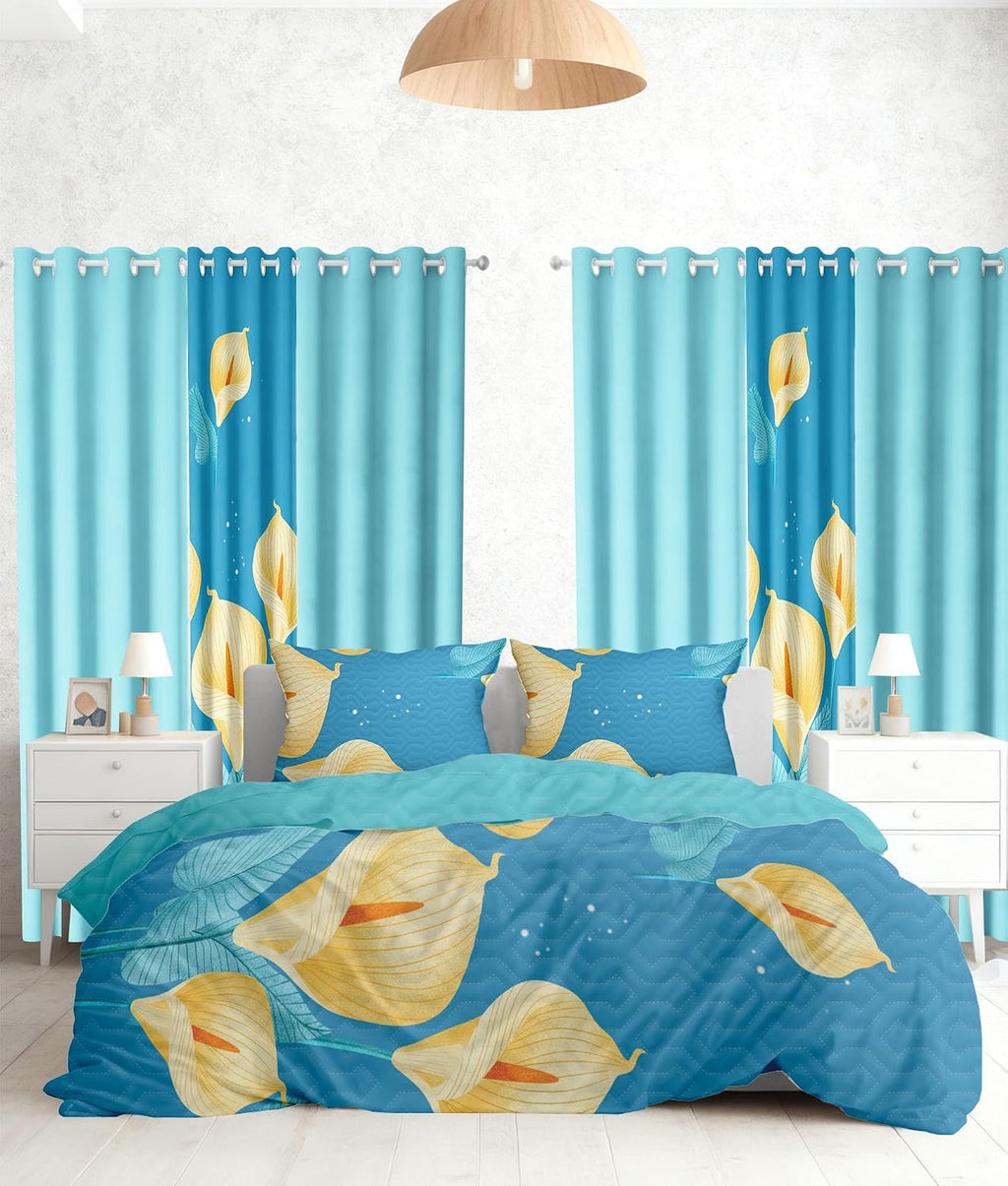 9 pcs Cal King Bed in a Bag with Curtains | Bedspread, Pillowcases, Print & Solid Curtains | Microfiber Tropical Floral | Moisture-Wicking, Durable | Bedspread and Curtain Sets