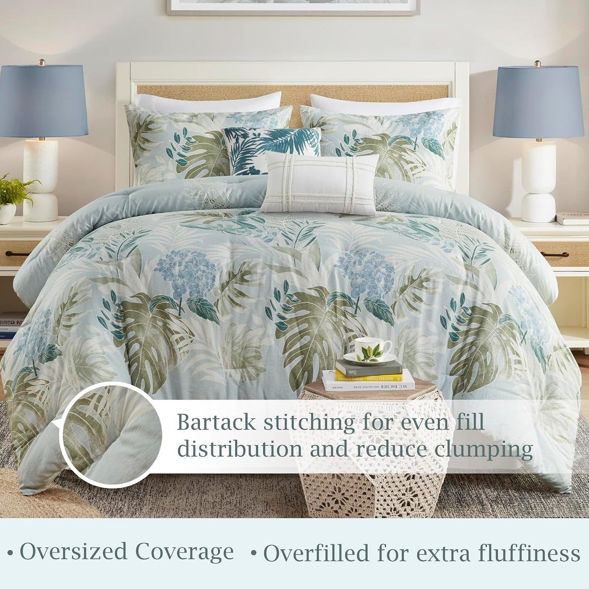 Harbor House Queen Comforter Set, Tropical Palm Print, Soft Cotton Oversized Comforter for a Queen-Size Bed, Coastal Bedding, 2 Shams, Bedskirt, 2 Décor Pillows, Kiawah Island, Queen Blue